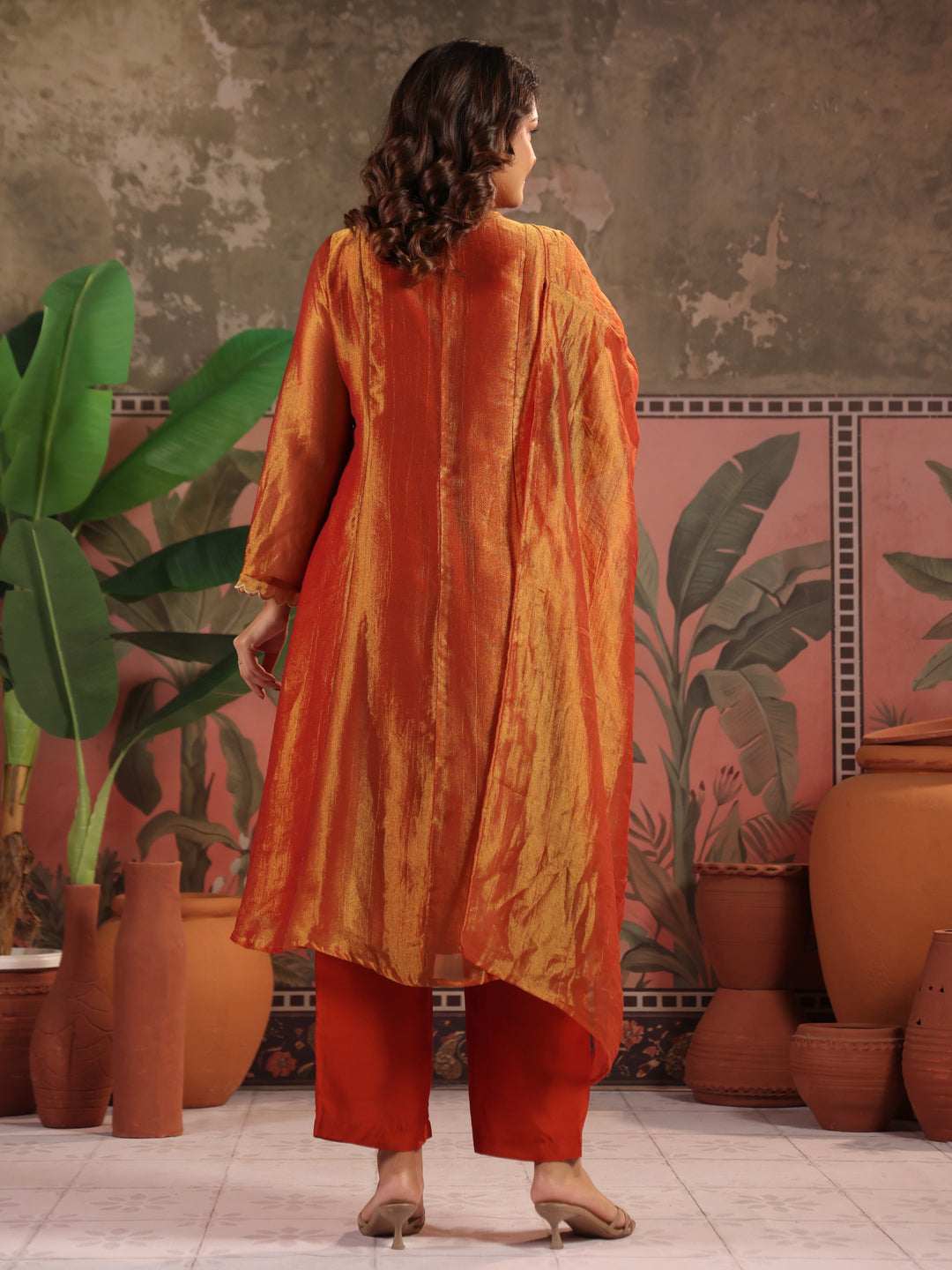 Solid A-Line Tissue Silk Kurta & Palazzos Sets