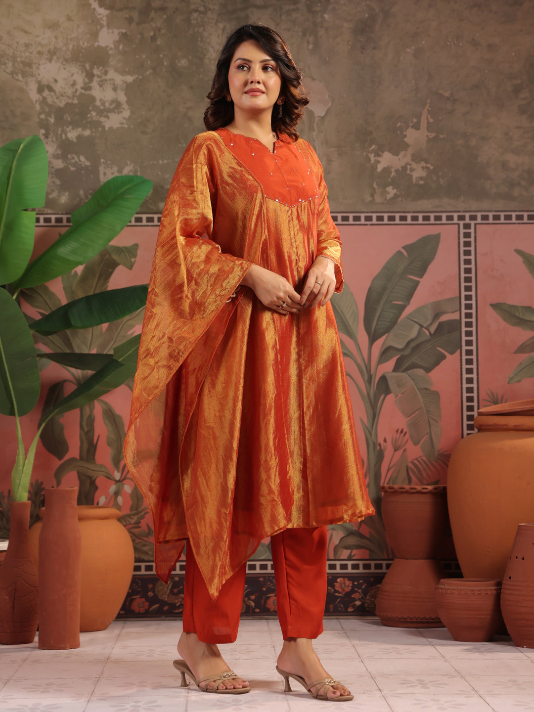 Solid A-Line Tissue Silk Kurta & Palazzos Sets