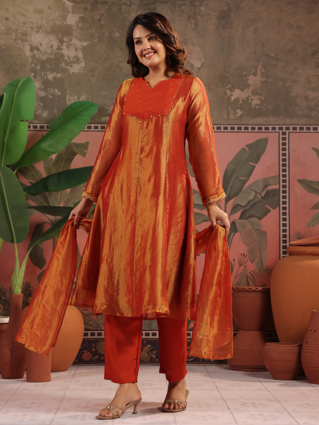 Solid A-Line Tissue Silk Kurta & Palazzos Sets