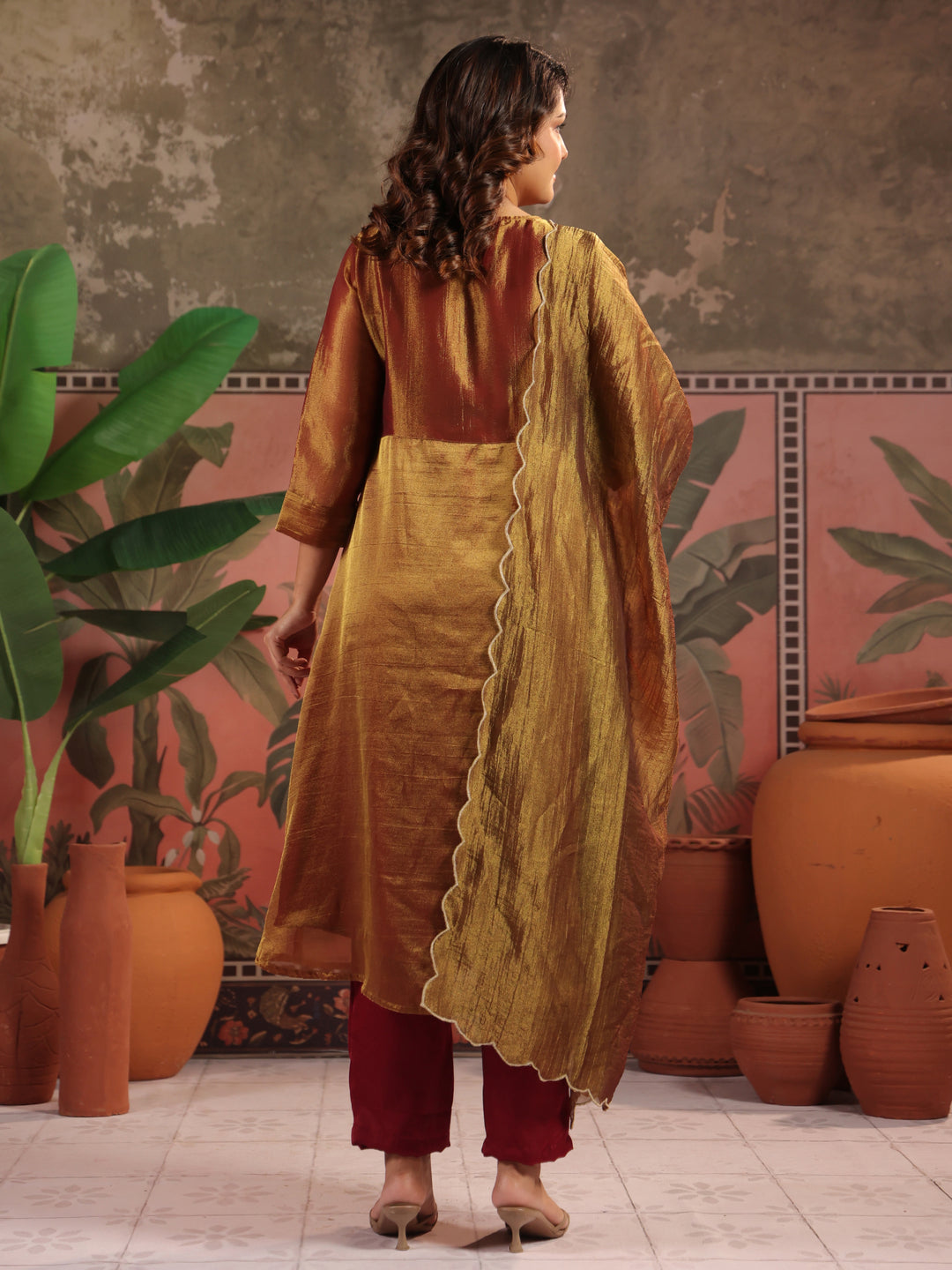 Solid A-Line Tissue Silk Kurta & Palazzos Sets