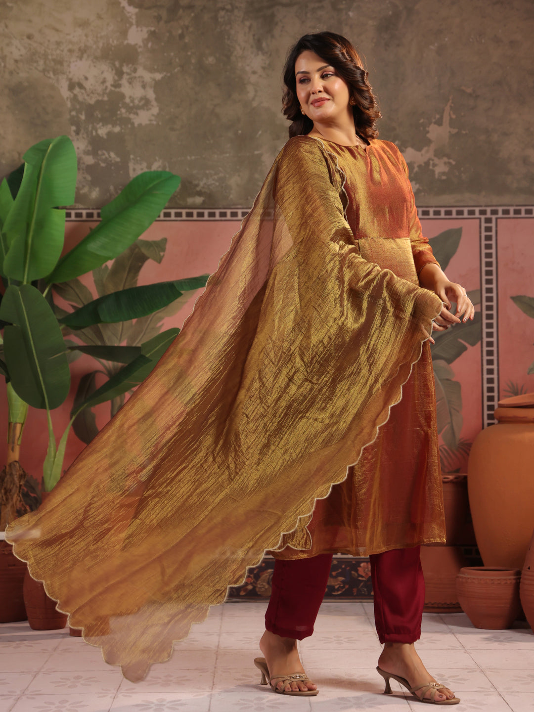Solid A-Line Tissue Silk Kurta & Palazzos Sets
