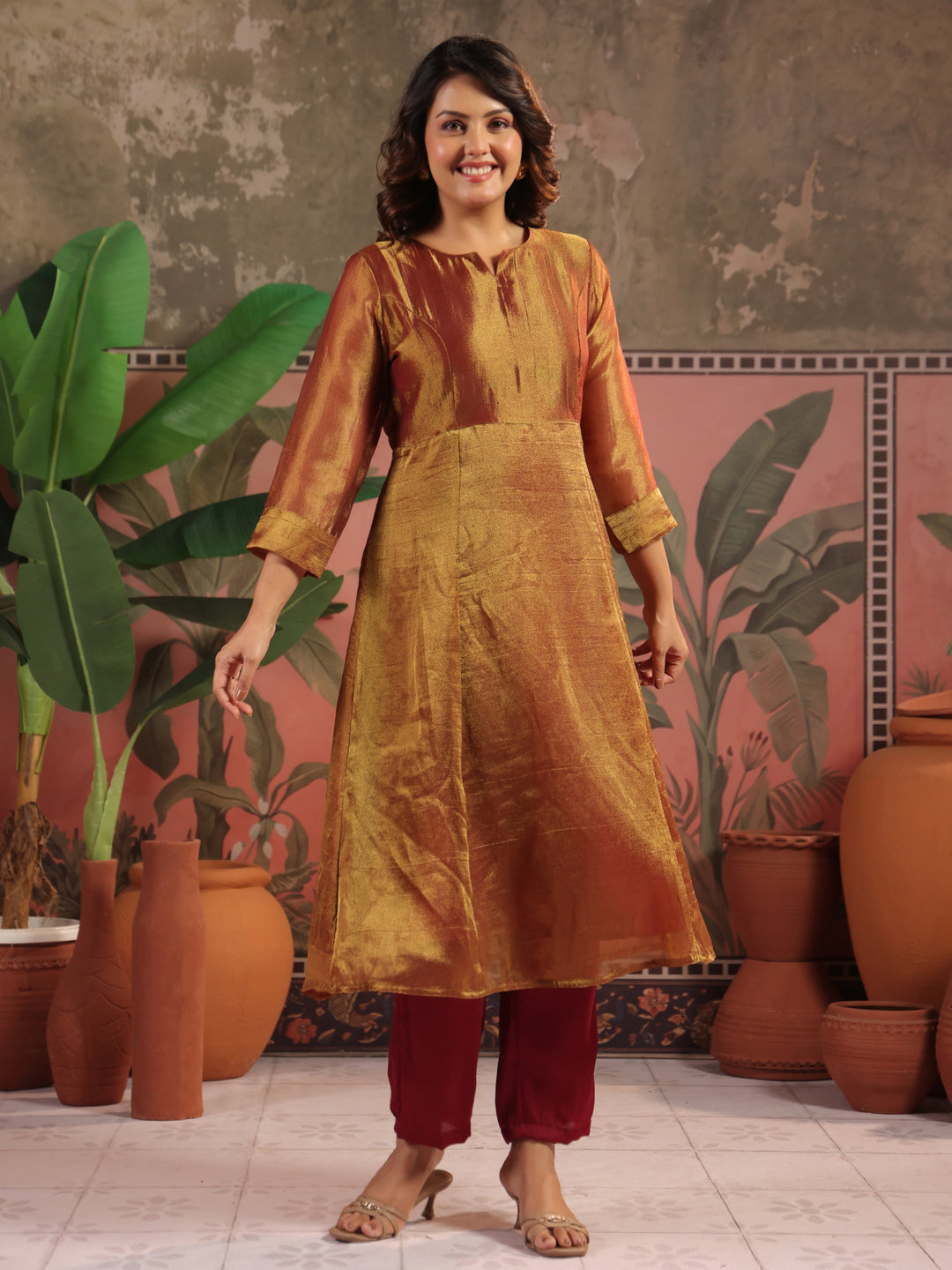Solid A-Line Tissue Silk Kurta & Palazzos Sets