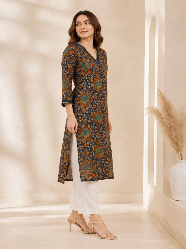 Floral Embroidered Straight Pure Cotton Kurta