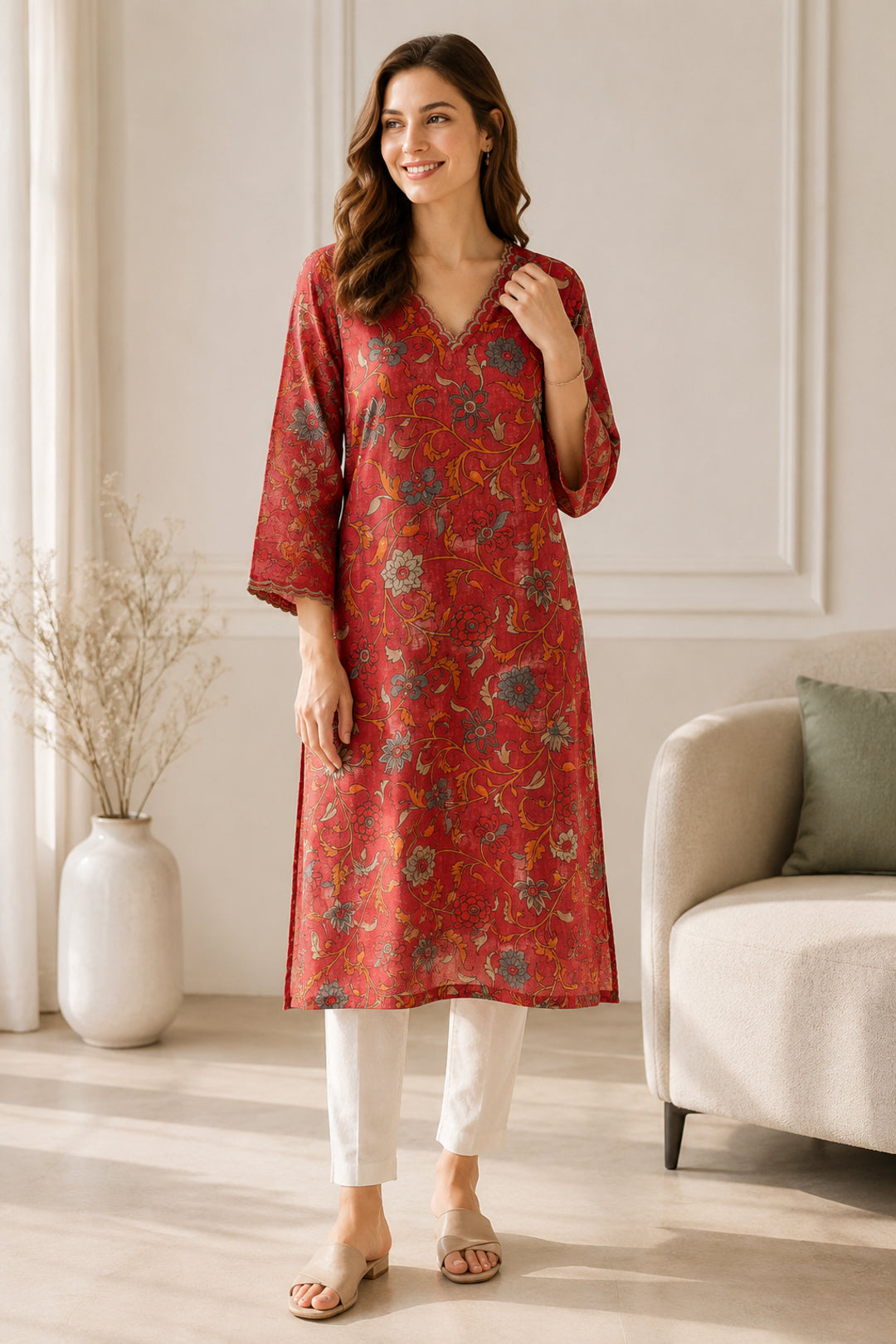Floral Embroidered Straight Pure Cotton Kurta