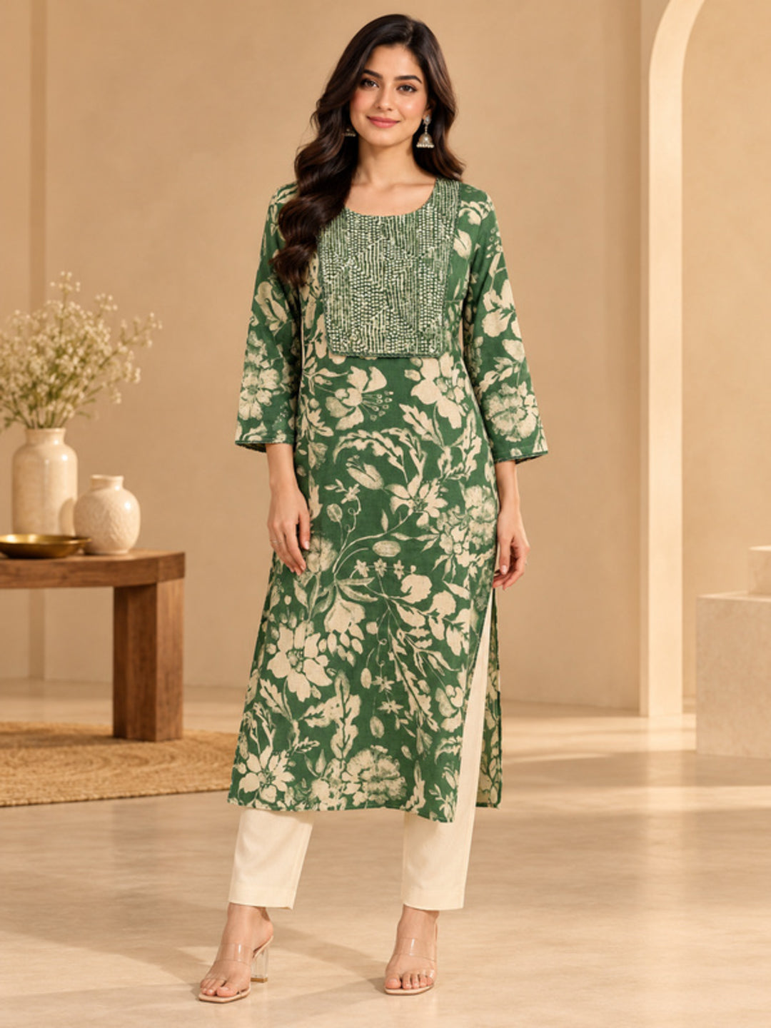 Floral Embroidered Straight Cotton Blend Kurta