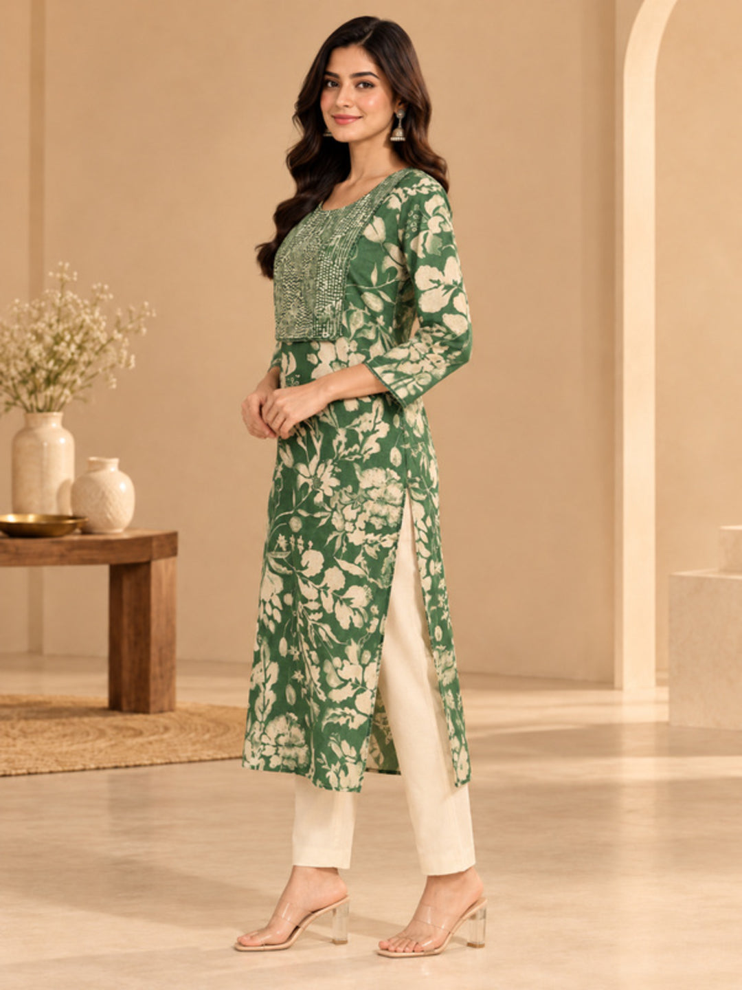 Floral Embroidered Straight Cotton Blend Kurta