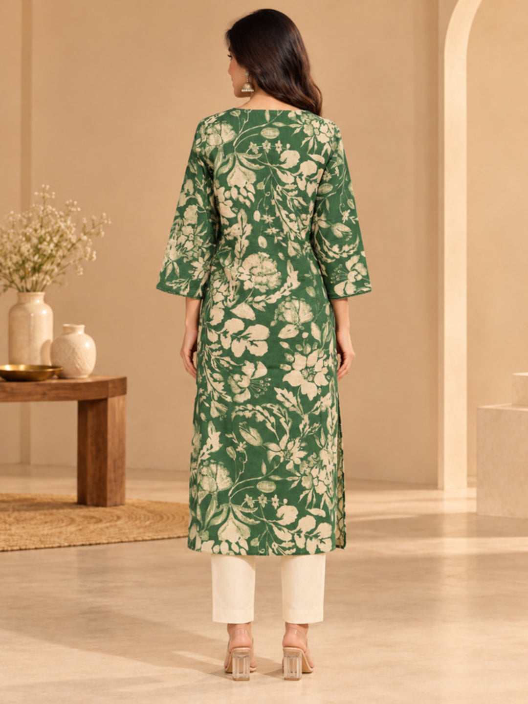 Floral Embroidered Straight Cotton Blend Kurta