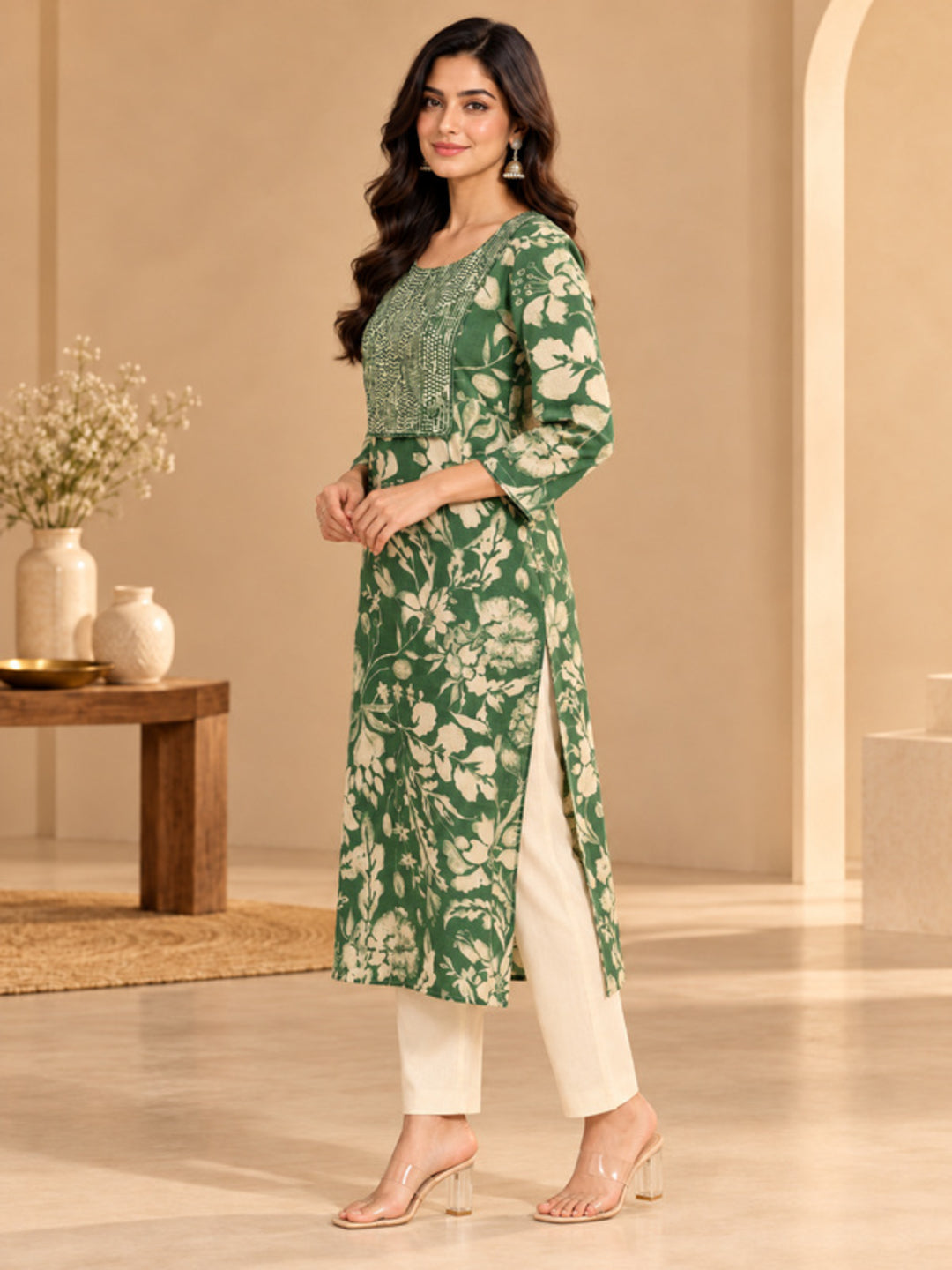 Floral Embroidered Straight Cotton Blend Kurta