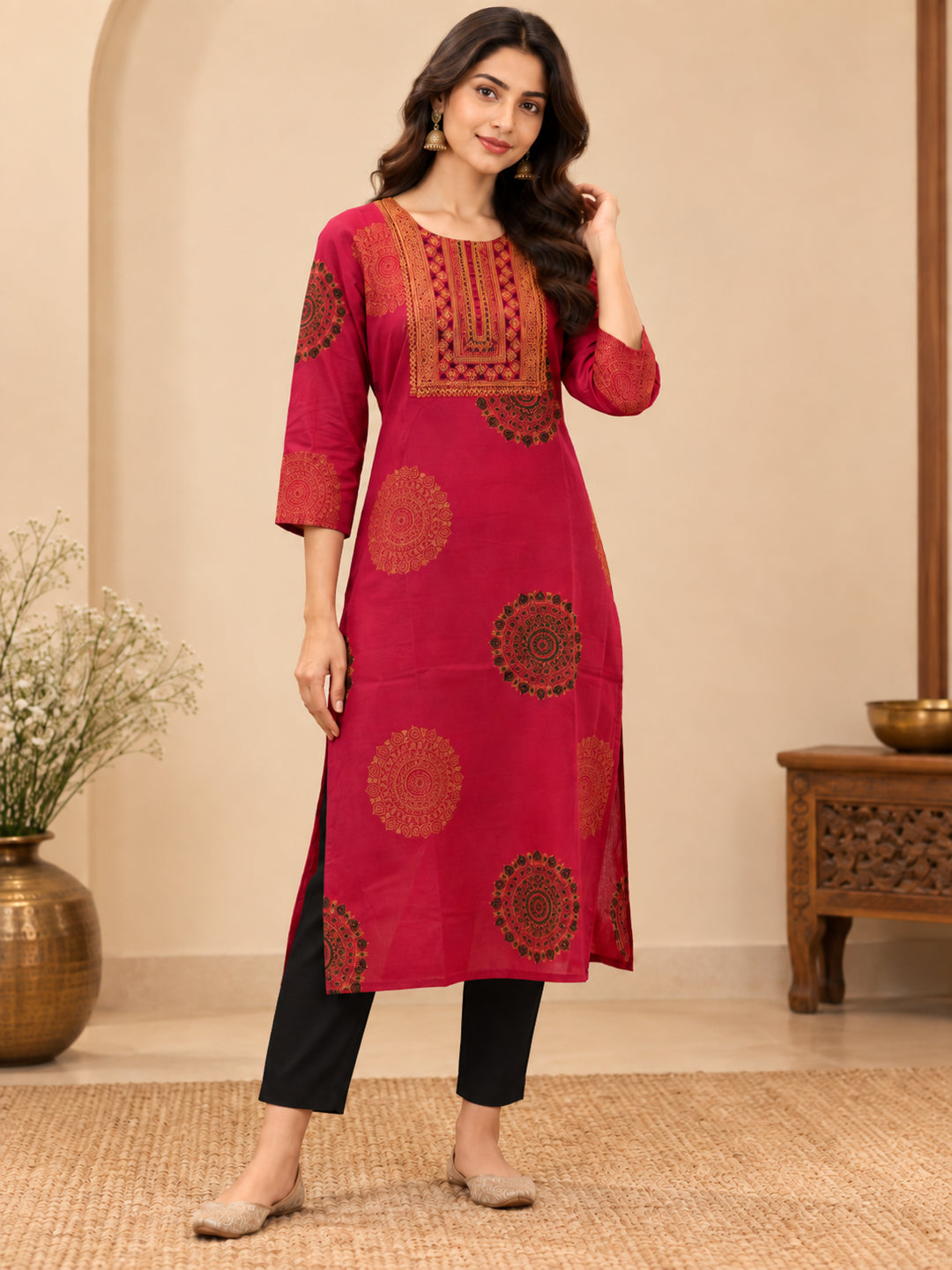 Floral Embroidered Straight Cotton Kurta