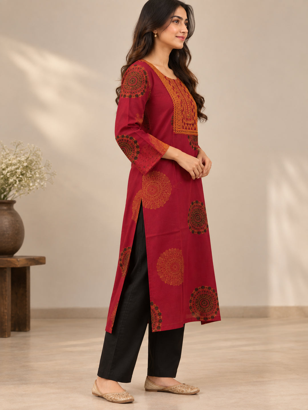 Floral Embroidered Straight Cotton Kurta