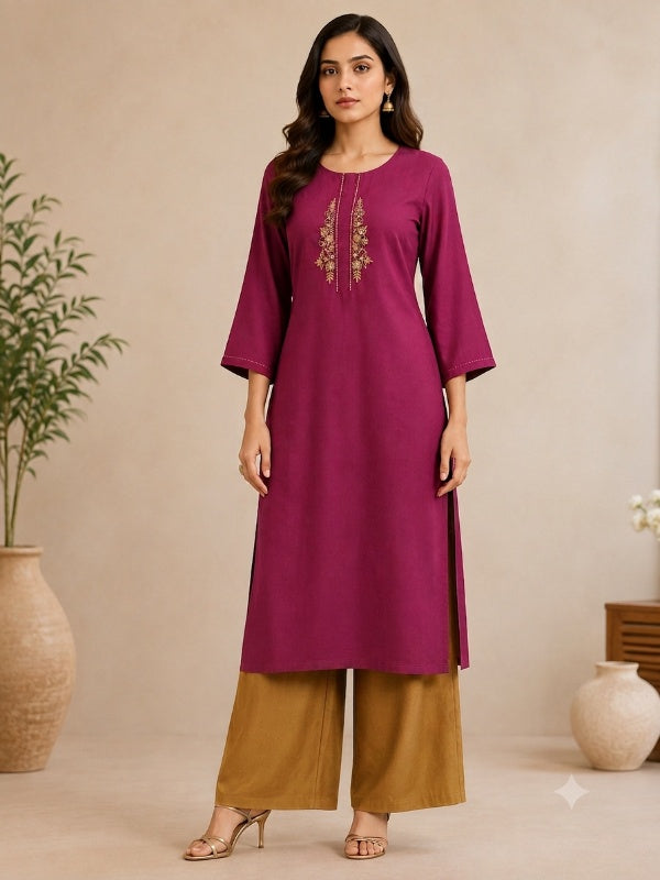 Solid Embroidered Straight Kurta