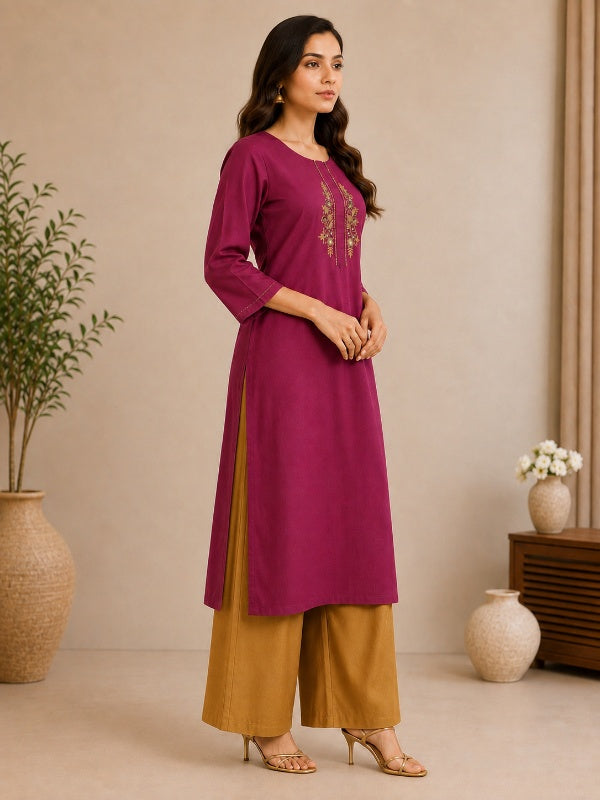 Solid Embroidered Straight Kurta
