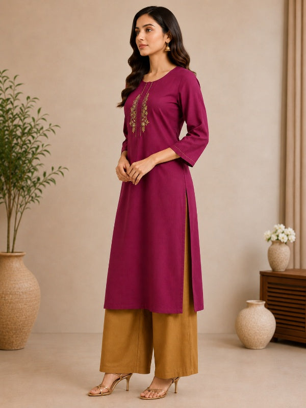 Solid Embroidered Straight Kurta