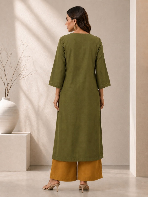 Solid Embroidered Straight Kurta