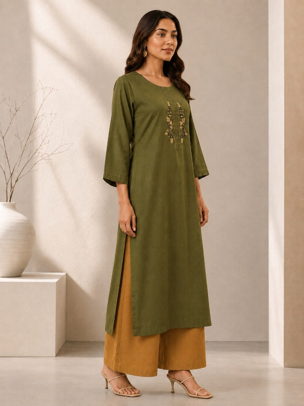 Solid Embroidered Straight Kurta