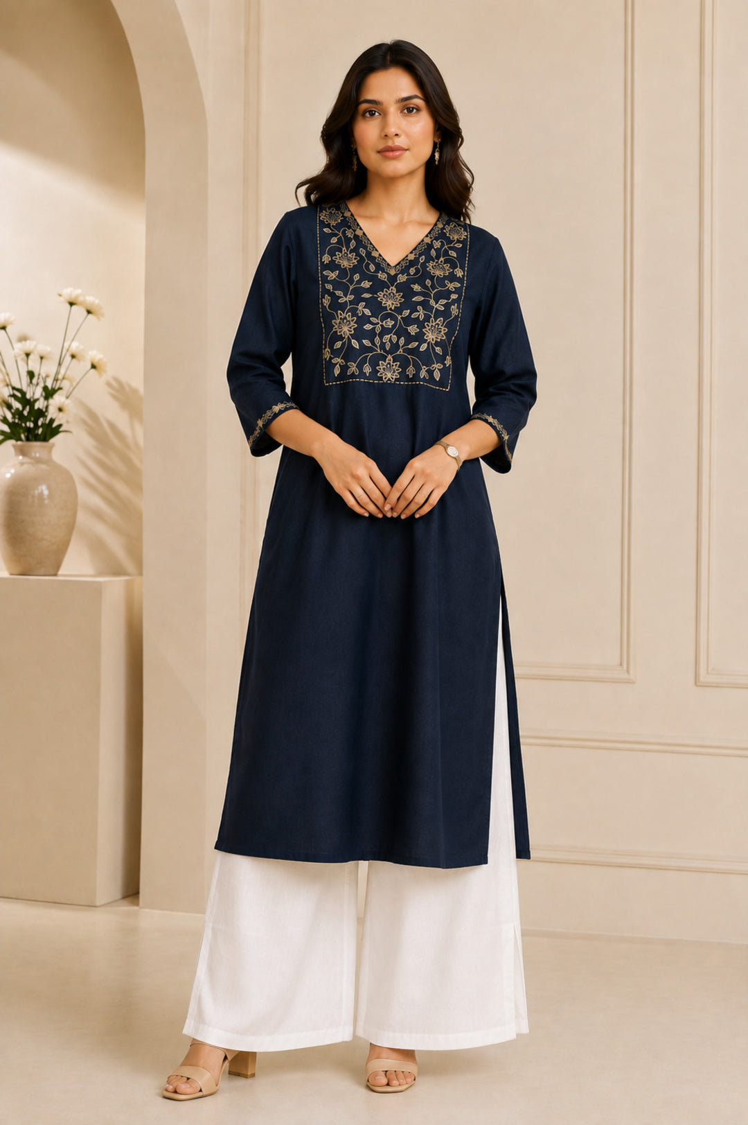 Floral Embroidered Straight Viscose Rayon Kurta