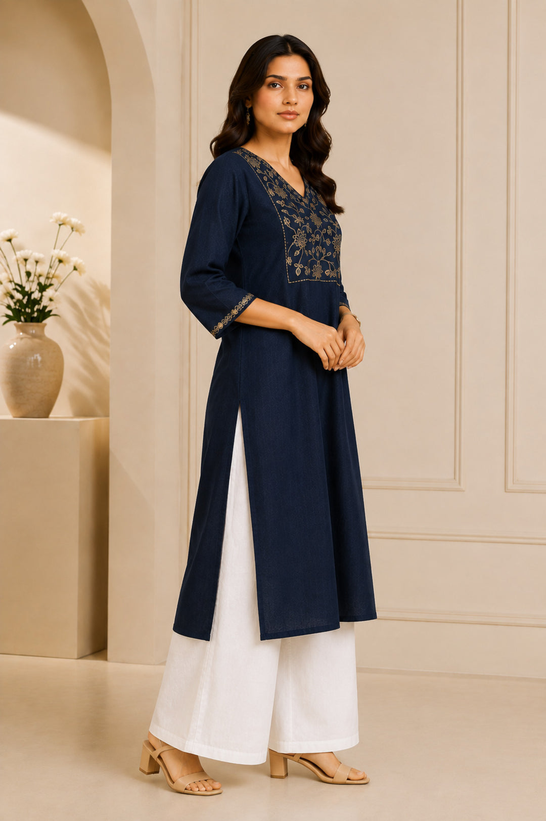 Floral Embroidered Straight Viscose Rayon Kurta