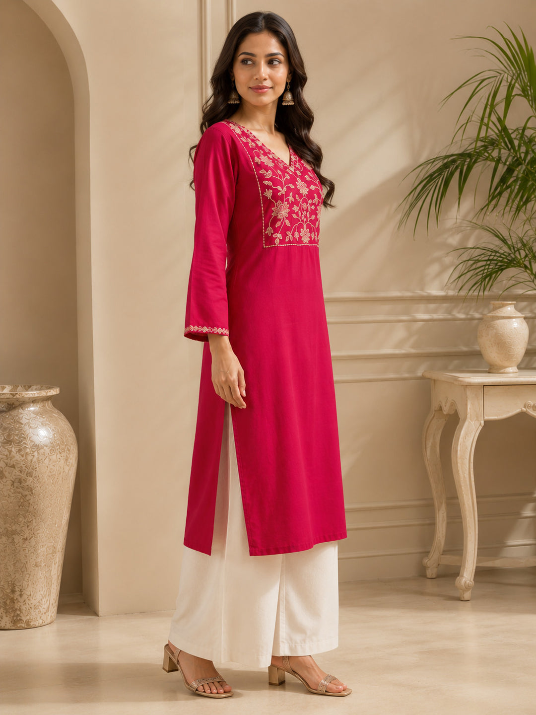 Floral Embroidered Straight Viscose Rayon Kurta