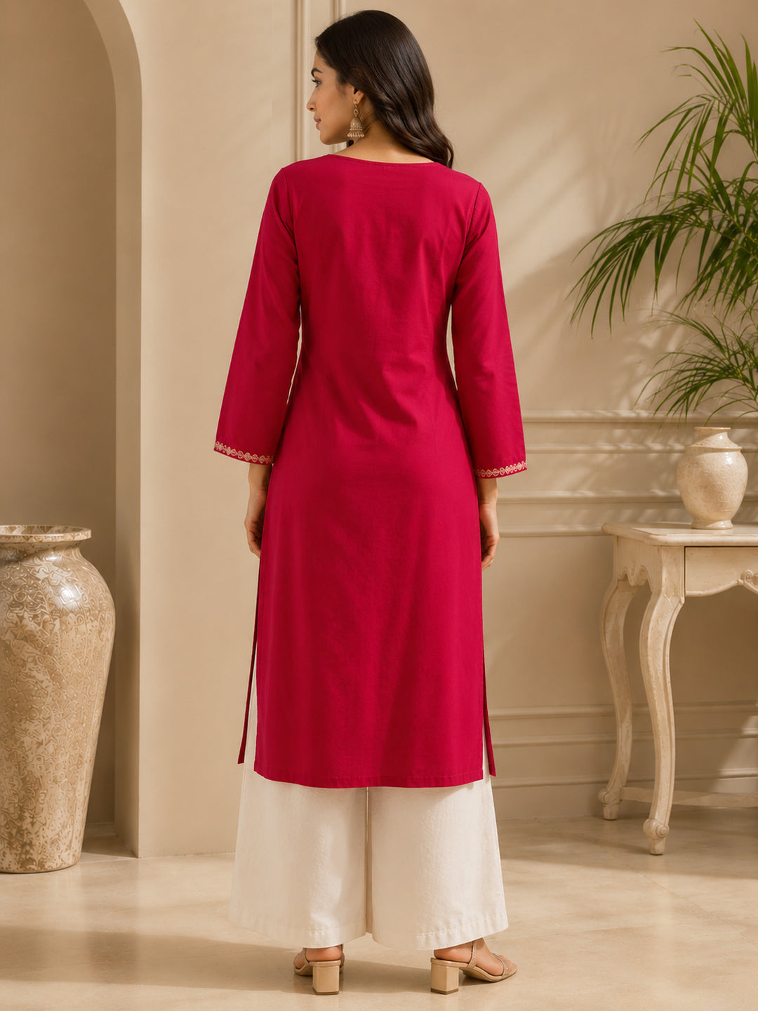Floral Embroidered Straight Viscose Rayon Kurta
