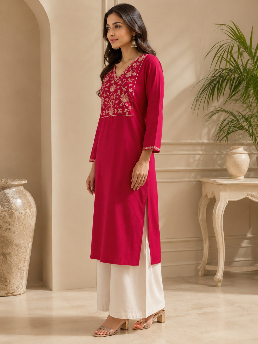 Floral Embroidered Straight Viscose Rayon Kurta