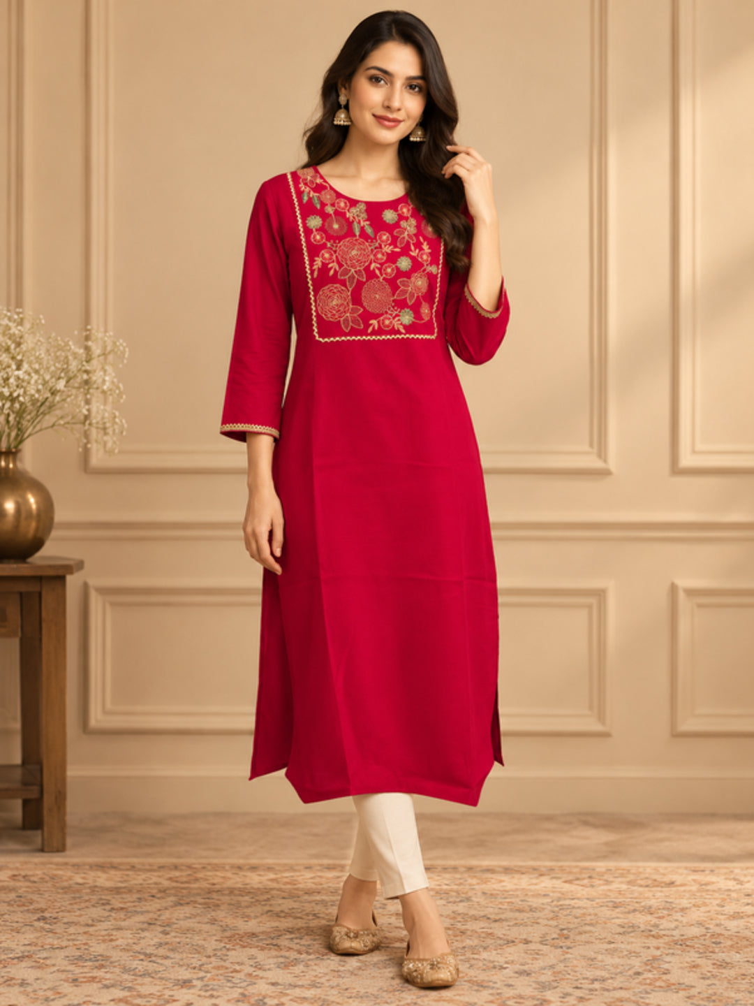 Floral Embroidered Straight Silk Blend Kurta