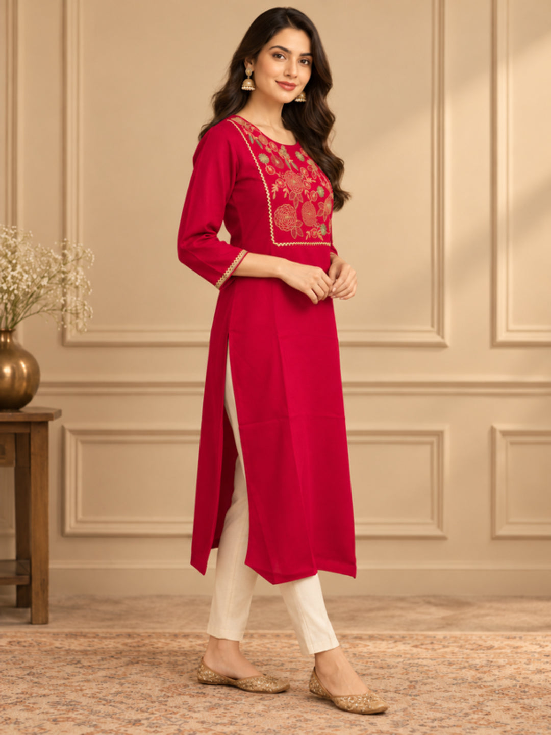 Floral Embroidered Straight Silk Blend Kurta