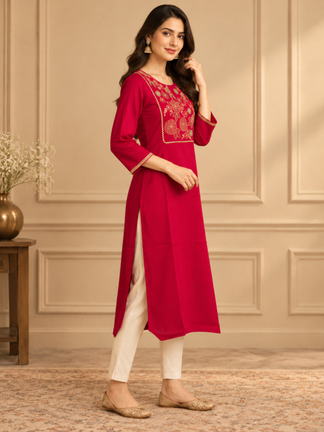 Floral Embroidered Straight Silk Blend Kurta