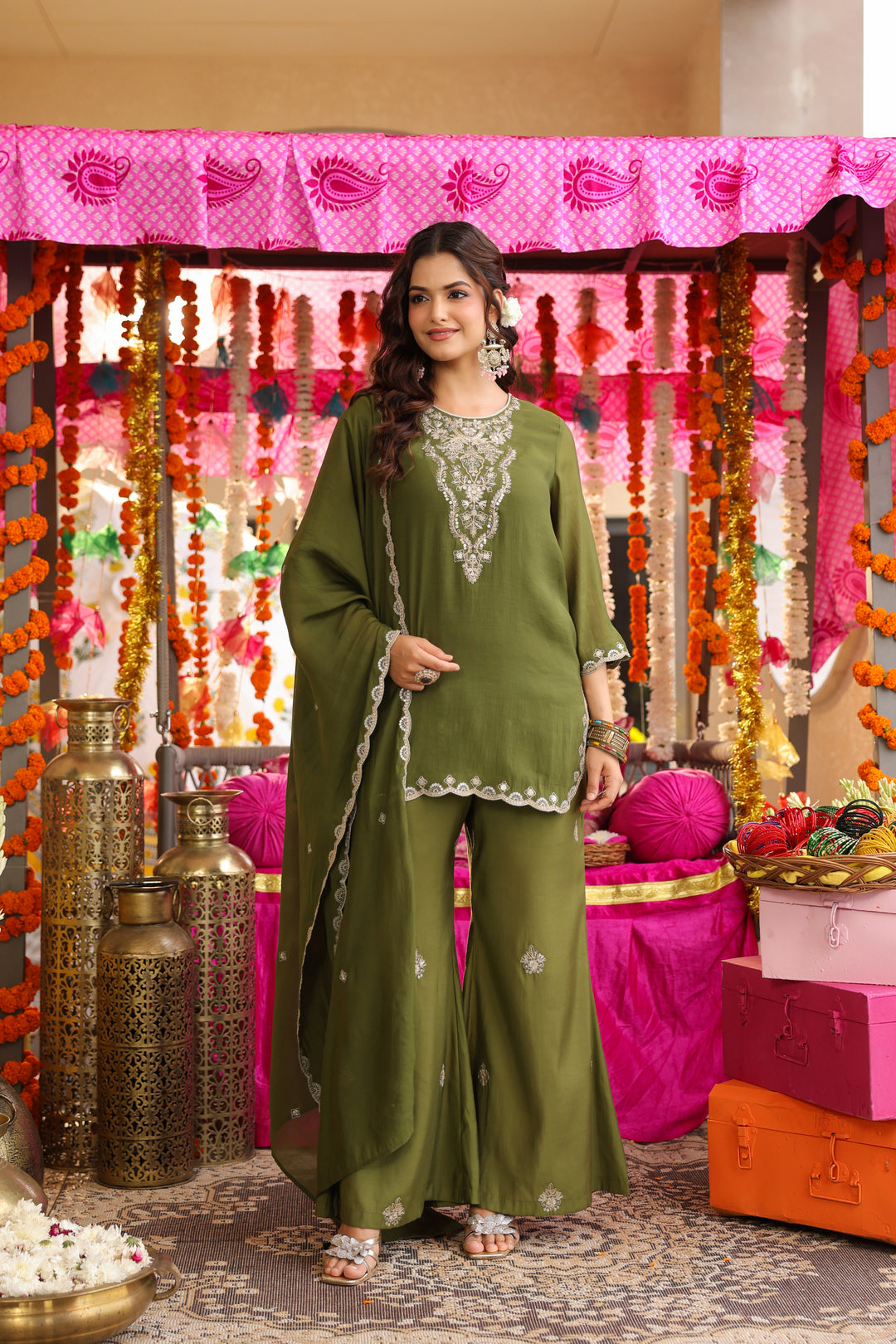Floral Embroidered Straight Chanderi Silk Kurta & Sharara Sets