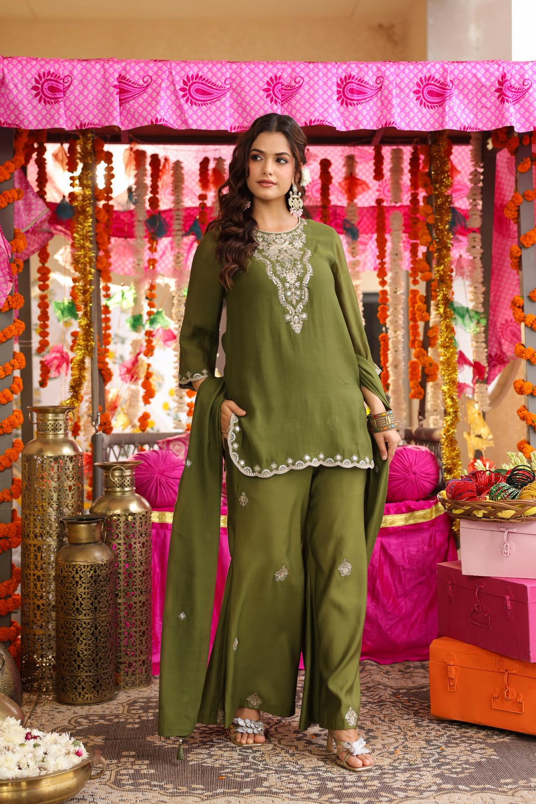 Floral Embroidered Straight Chanderi Silk Kurta & Sharara Sets
