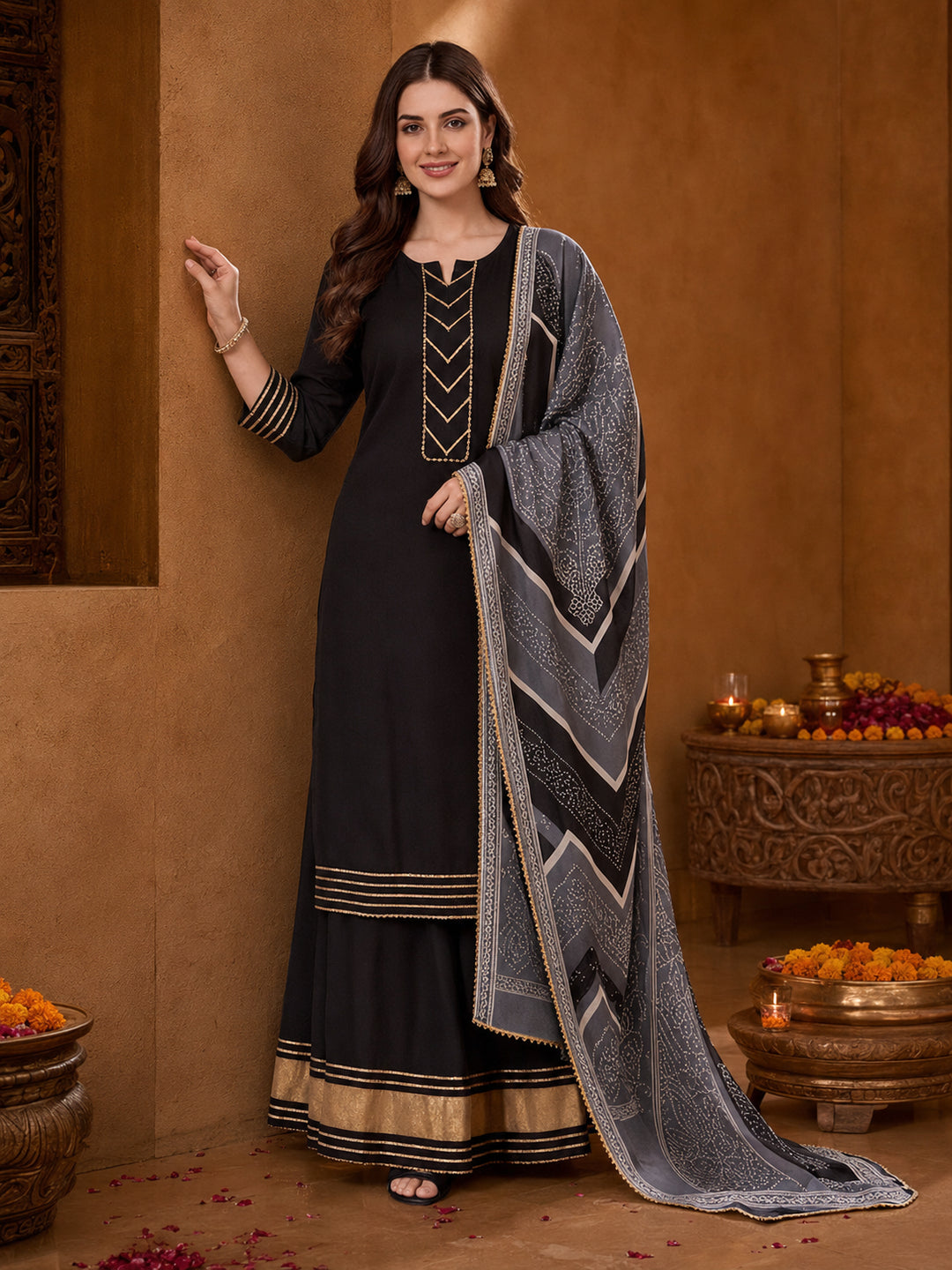 Floral Embroidered Straight Kurta & Skirt Sets