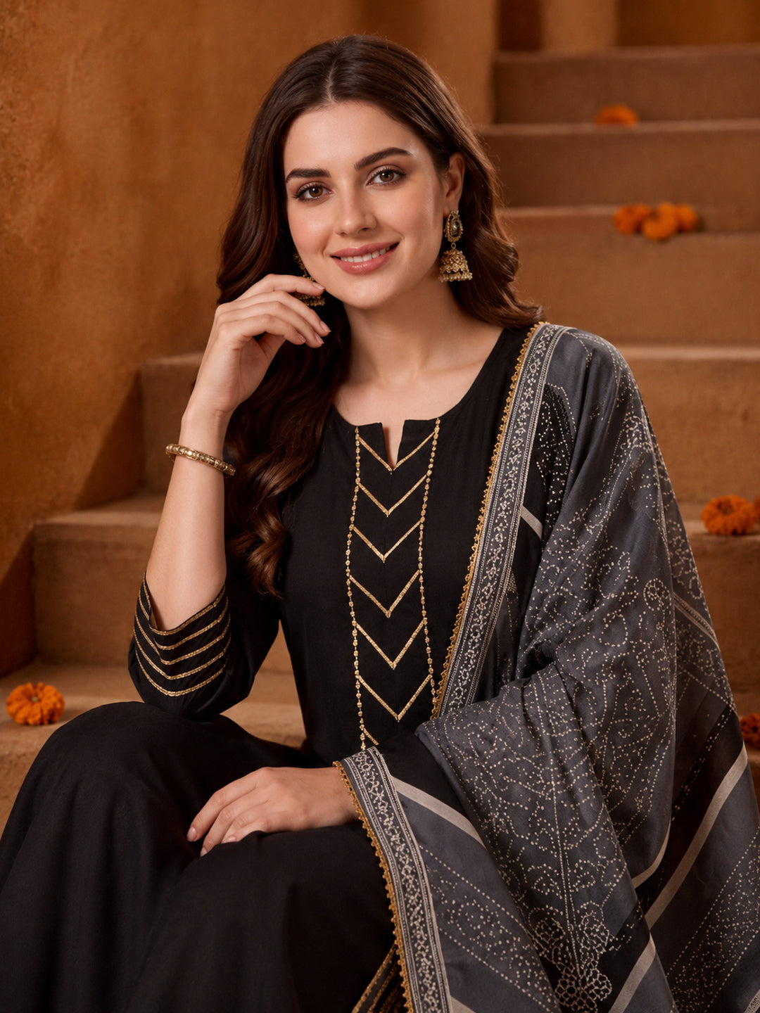 Floral Embroidered Straight Kurta & Skirt Sets