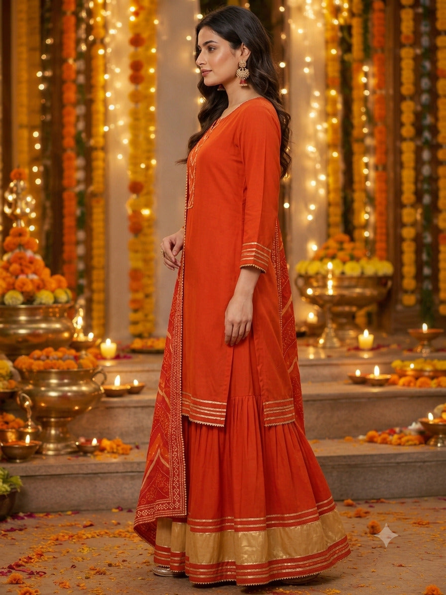 Floral Embroidered Straight Kurta & Skirt Sets