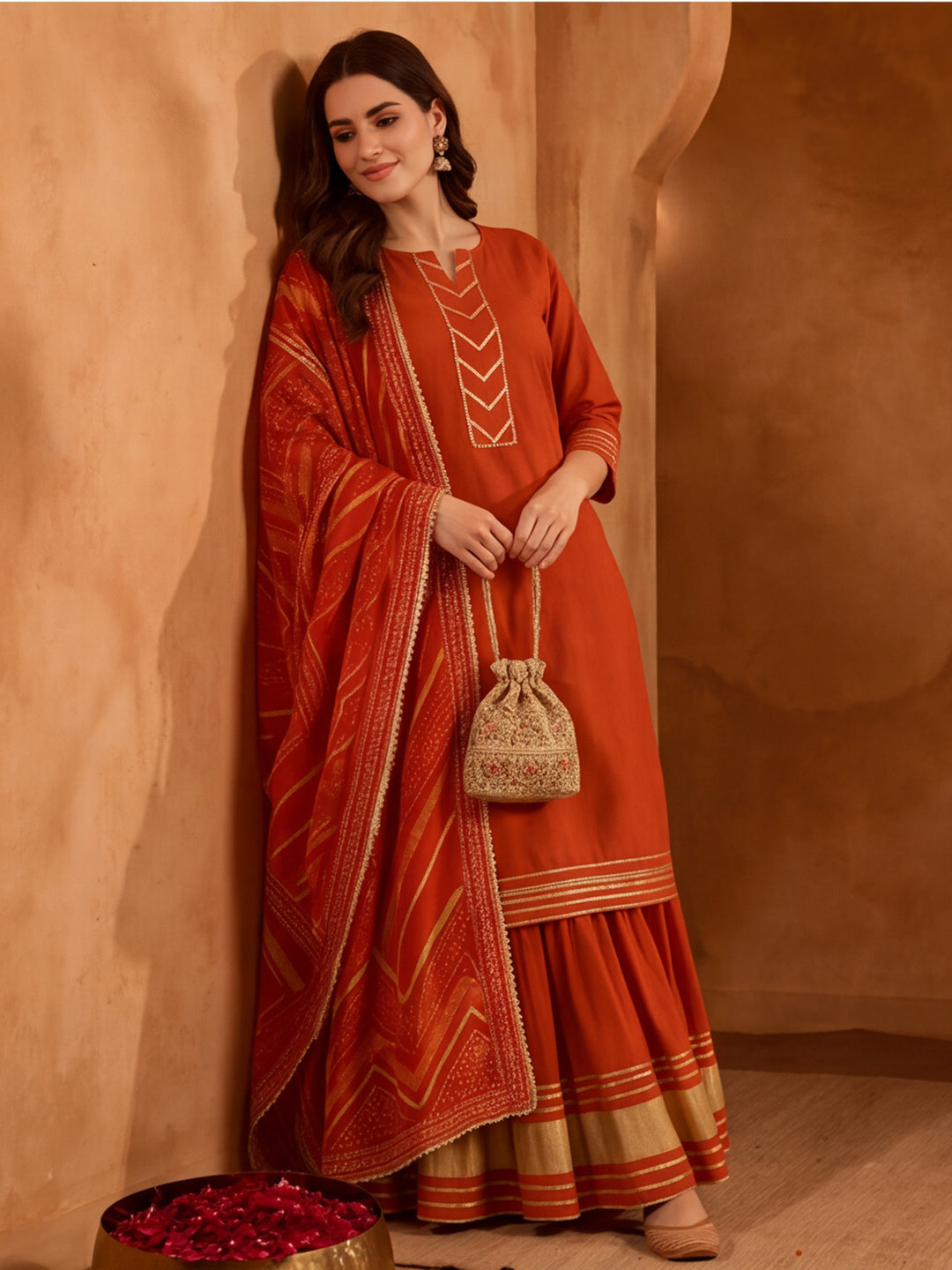 Floral Embroidered Straight Kurta & Skirt Sets