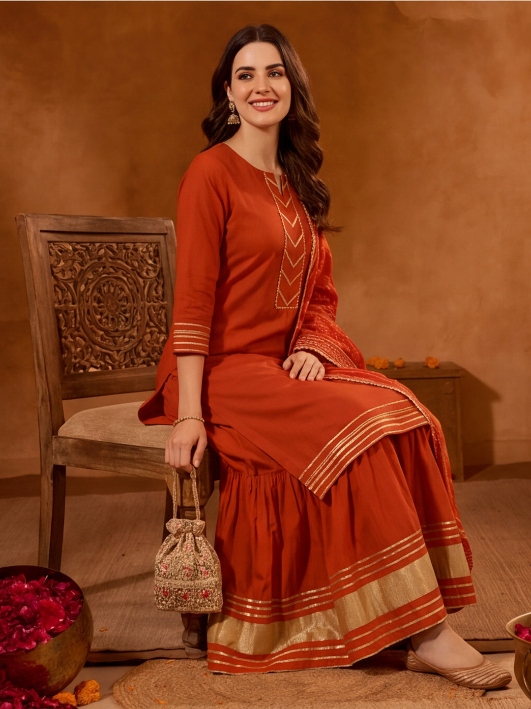 Floral Embroidered Straight Kurta & Skirt Sets