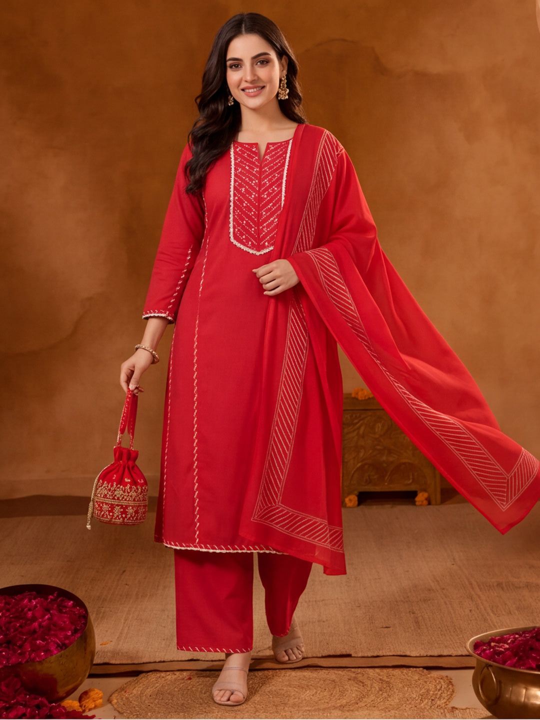 Floral Embroidered A-Line Pure Cotton Kurta & Palazzos Sets