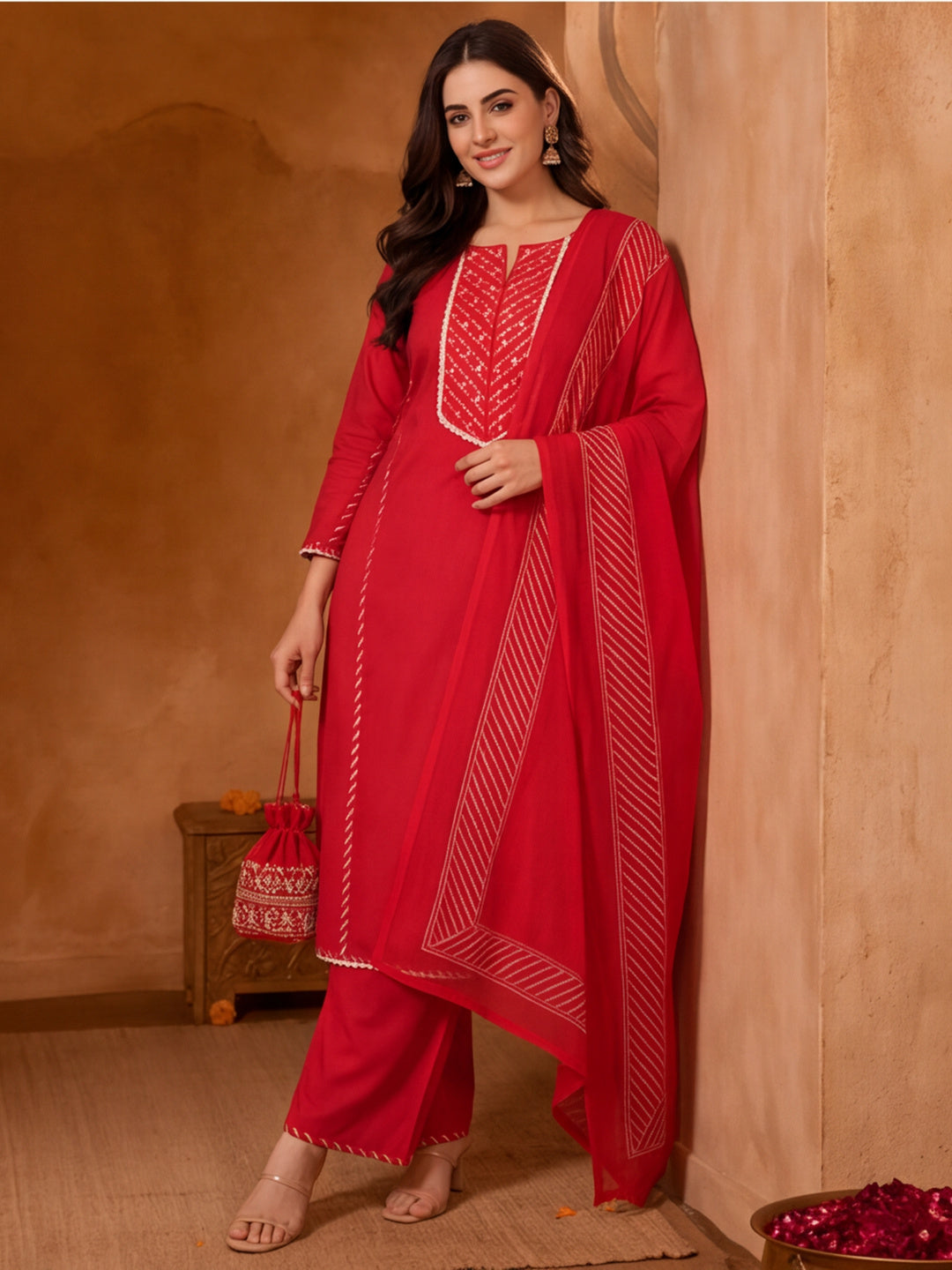 Floral Embroidered A-Line Pure Cotton Kurta & Palazzos Sets