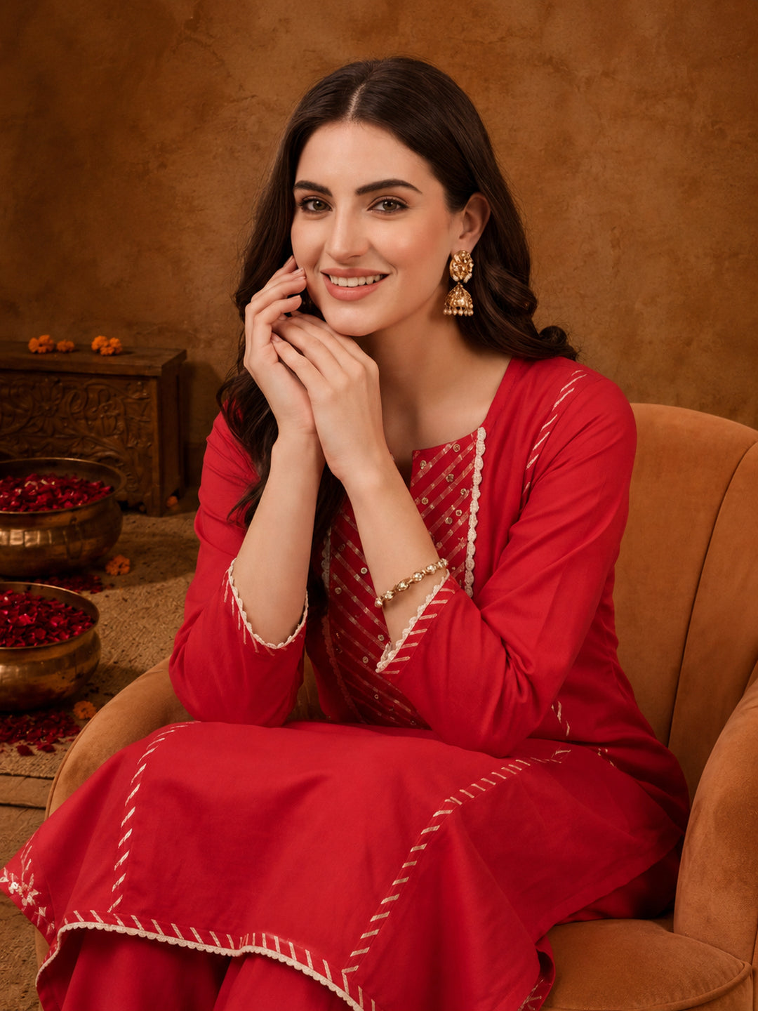 Floral Embroidered A-Line Pure Cotton Kurta & Palazzos Sets