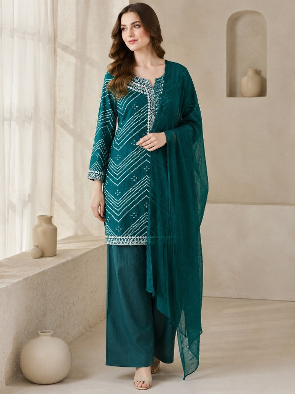 Bandhani Embroidered Straight Pure Cotton Kurta & Salwar Sets