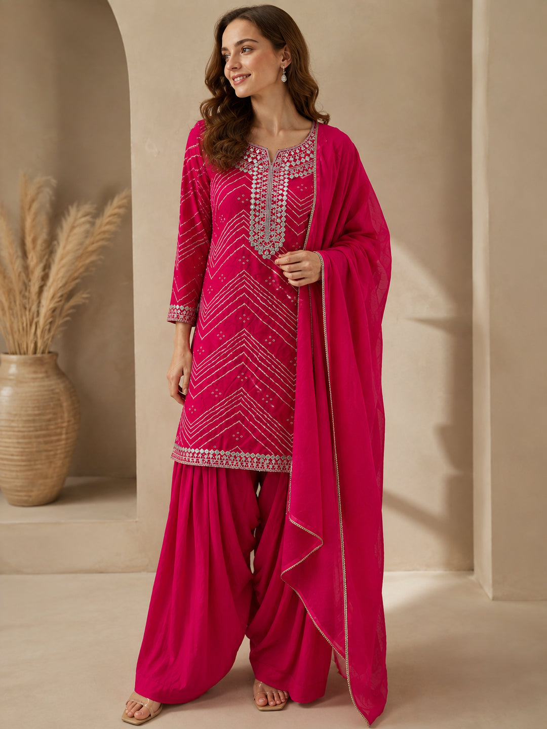 Bandhani Embroidered Straight Pure Cotton Kurta & Salwar Sets