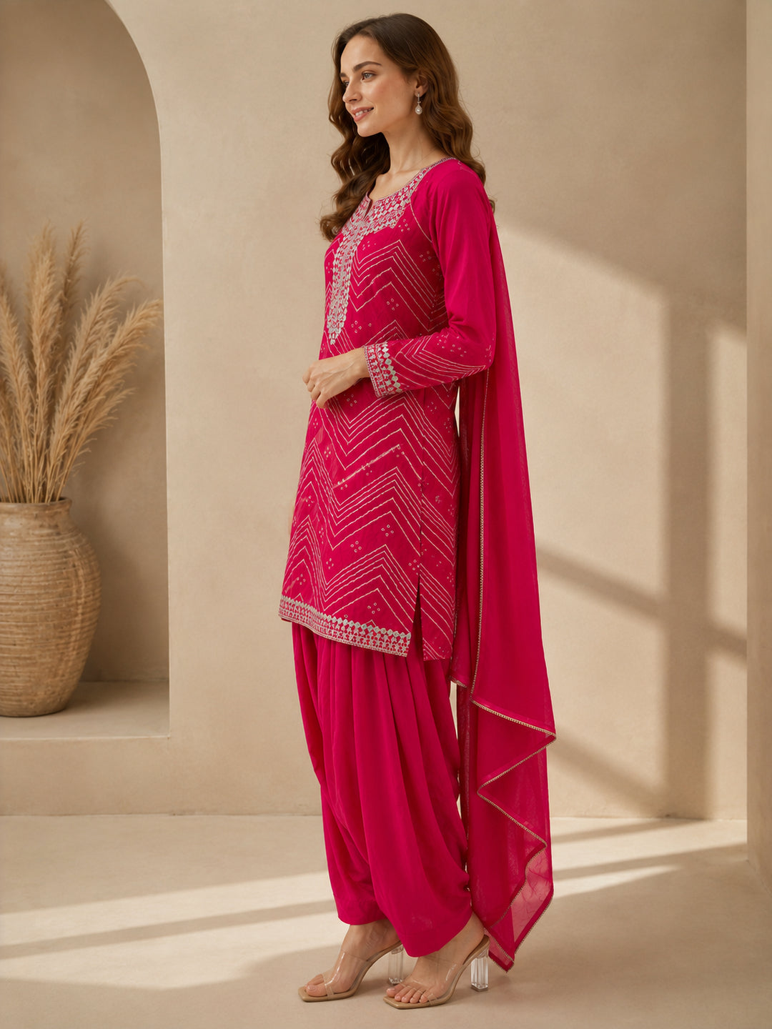 Bandhani Embroidered Straight Pure Cotton Kurta & Salwar Sets