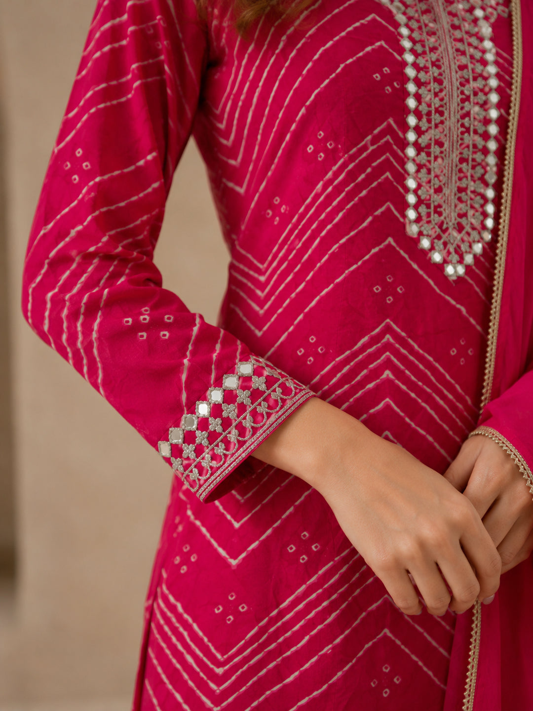 Bandhani Embroidered Straight Pure Cotton Kurta & Salwar Sets