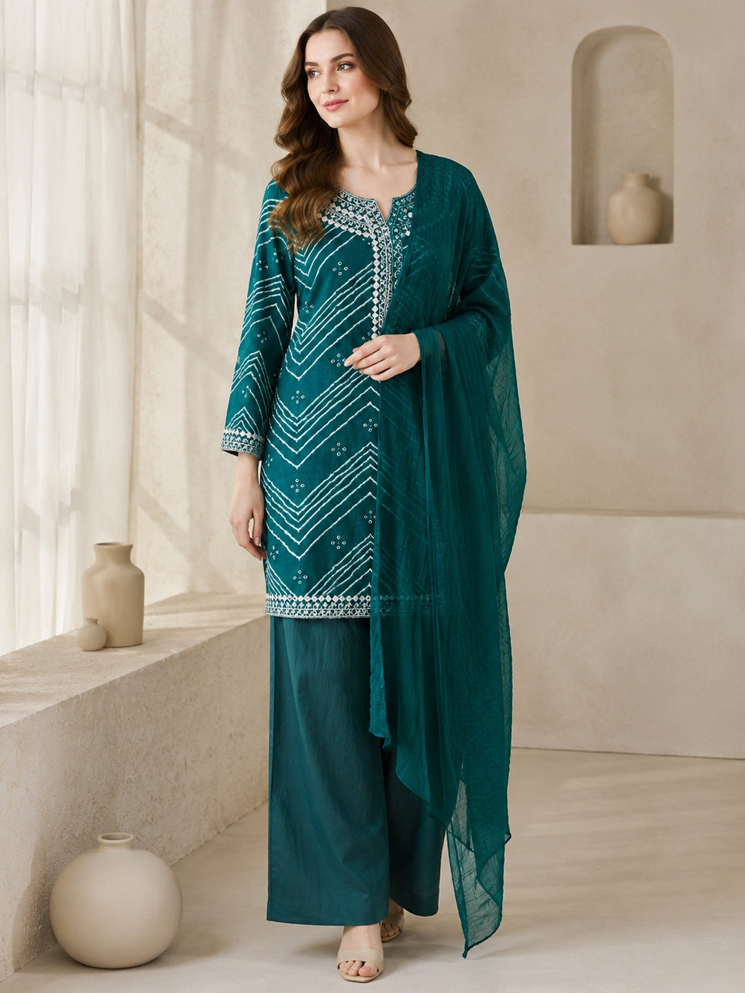 Bandhani Embroidered Straight Pure Cotton Kurta & Salwar Sets