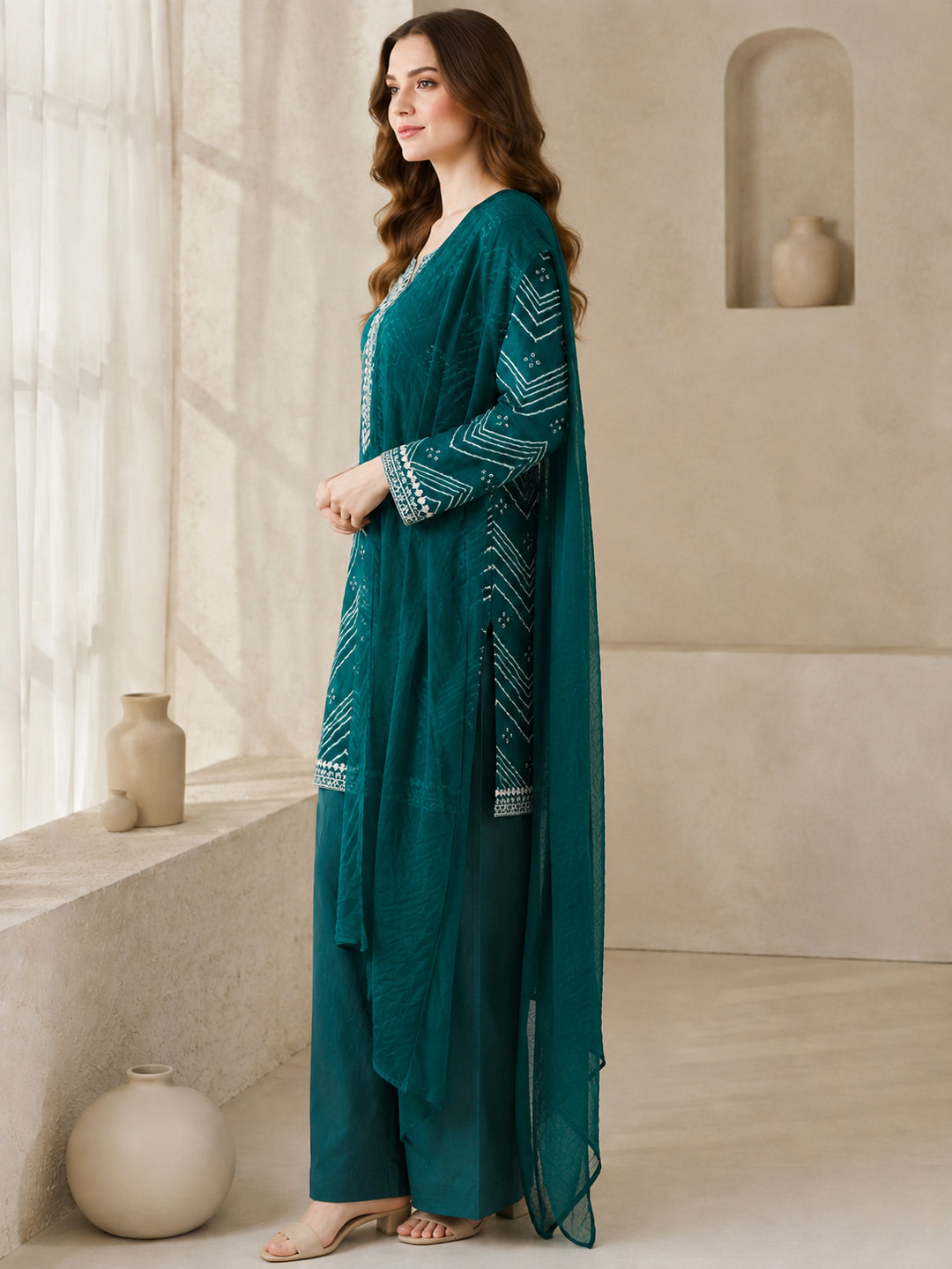 Bandhani Embroidered Straight Pure Cotton Kurta & Salwar Sets