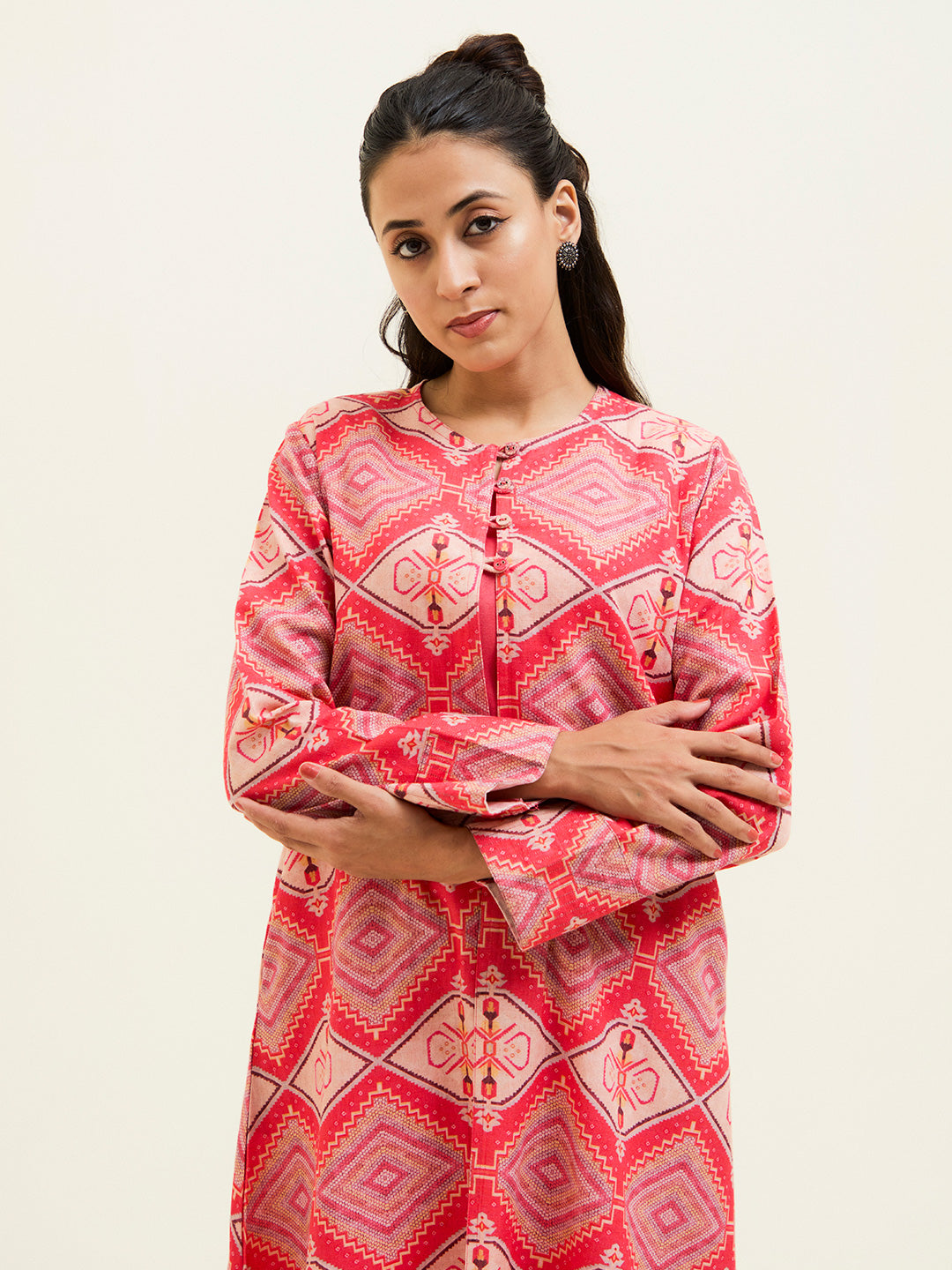 Peach Geometric Printed Co-ord Set With Shrug