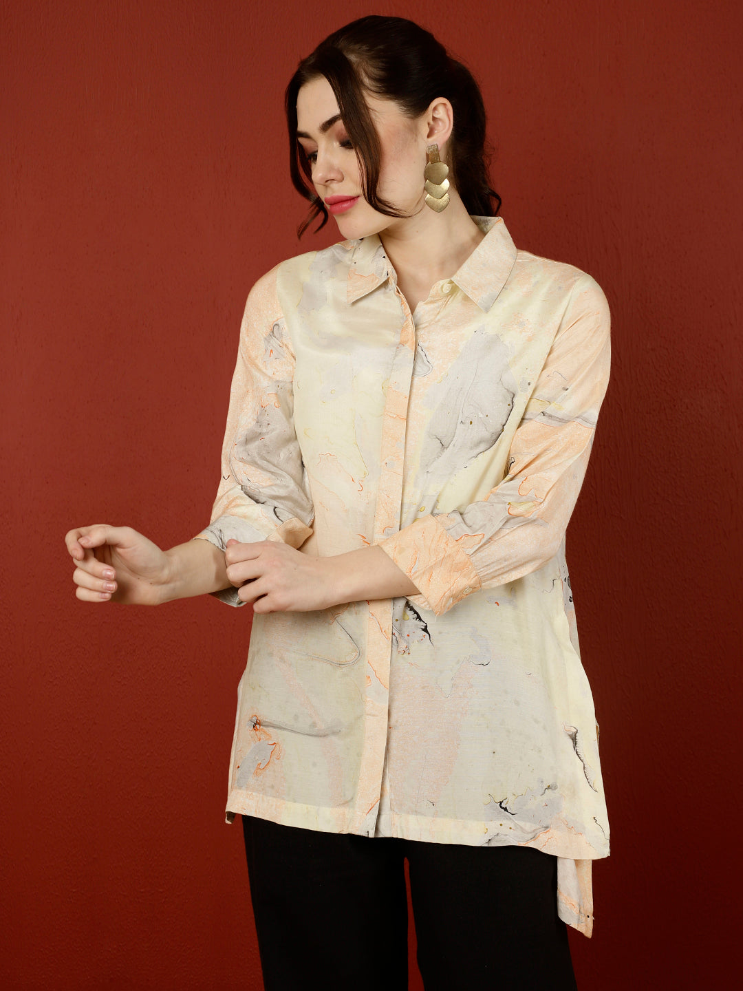 Peach Marble Print Asymmetric Shirt