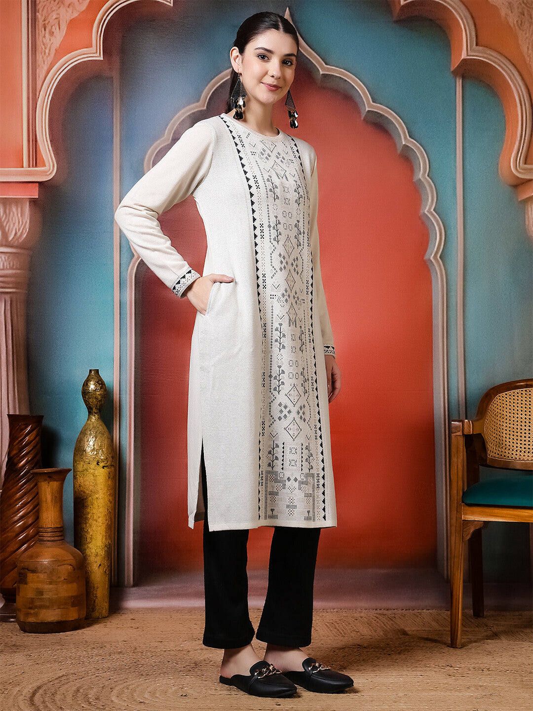 Floral Woven Design Straight Winter Wear Kurta