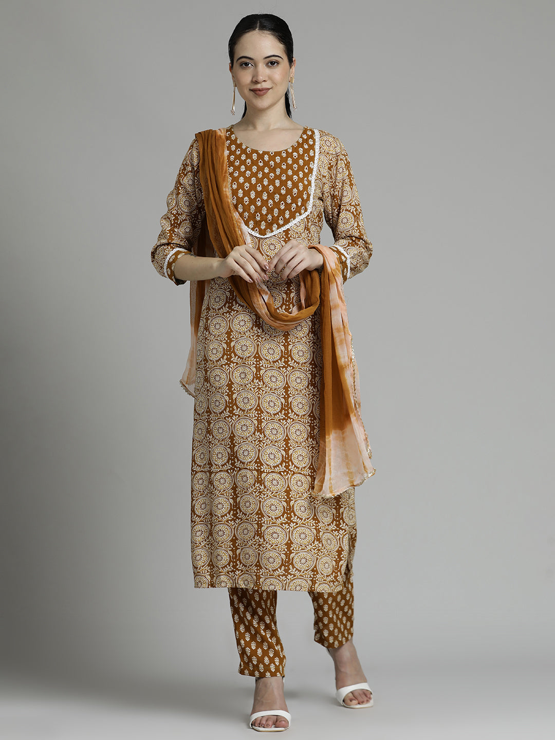 Ethnic Motifs Printed Straight Kurta With Palazzos & Dupatta