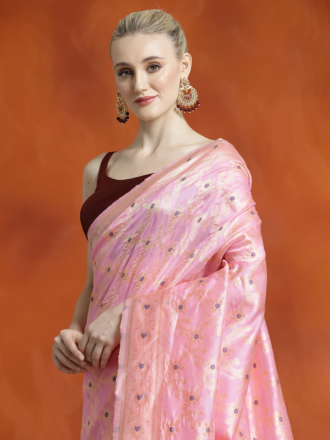 Banarasi Zari Woven Silk Blend Baby Pink Saree