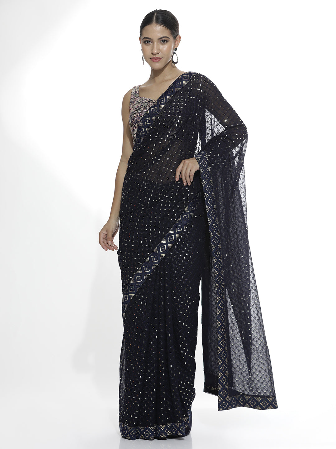 Party Wear Sequin Work Georgette Blue Saree