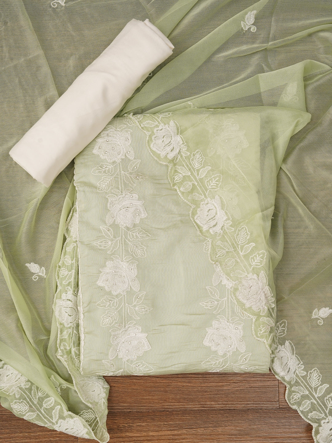 Green Unstitched Floral Embroidery Silk Blend Dress Material with Dupatta